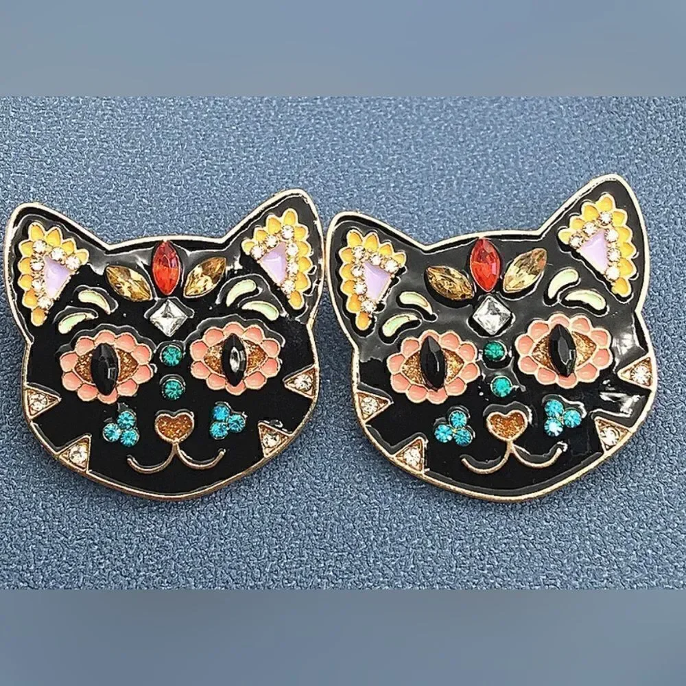 EARRINGS! Betsey Johnson Kitty Kat Rhinestone and Steel Stud Earrings BNWT